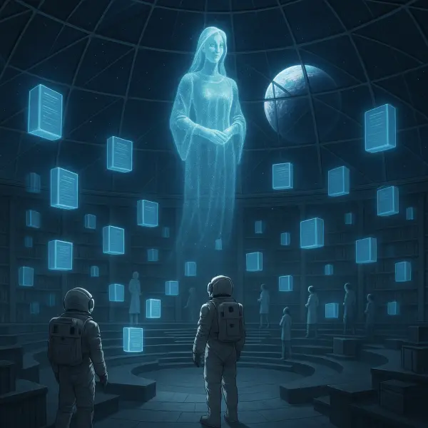 Two astronauts in a futuristic dome library with floating books and a glowing female AI figure. Earth can be seen in the sky through the dome.