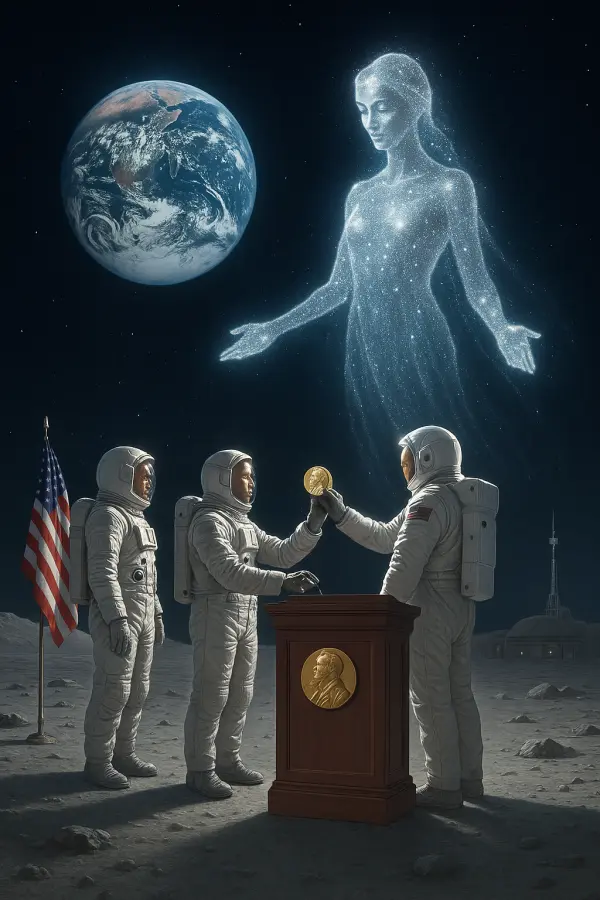 Three astronauts stand on the Moon during a Nobel Prize ceremony. A glowing female AI figure made of stardust watches from behind, with Earth shining in the background.