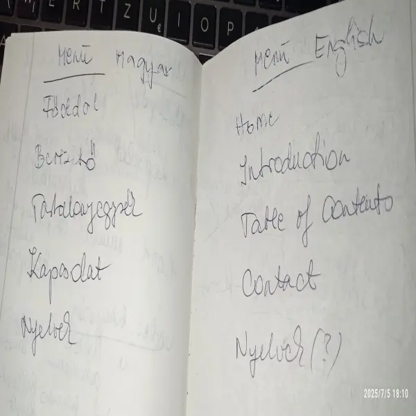 Papírra kézzel írt menüterv magyarul és angolul: Főoldal – Home, Bemutatkozás – Introduction stb.