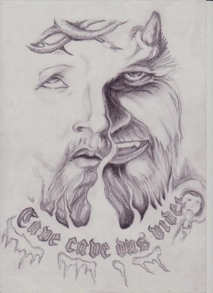 Graphite drawing of a split face: one side depicts Jesus with a crown of thorns, the other a demonic figure. Latin text below: “Cave cave deus videt”.