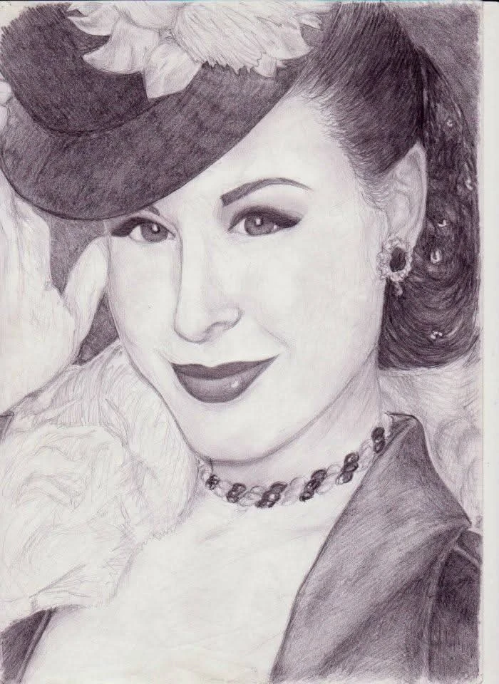 Detailed graphite drawing of a woman’s face with a stylish hat, necklace, and smile. Drawn by my daughter at age 14 without any formal teaching.