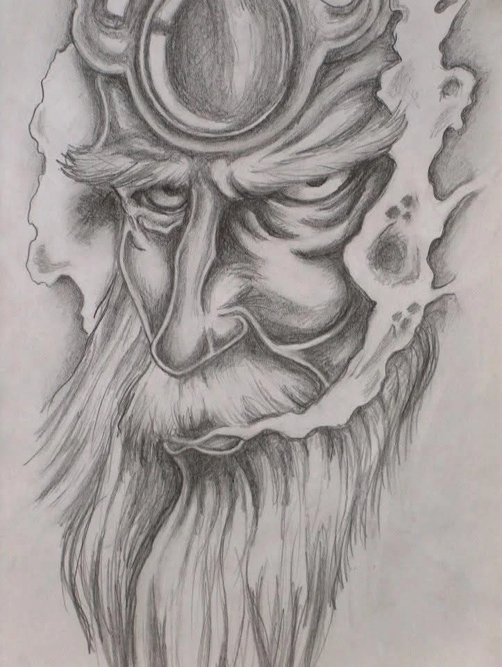 Graphite drawing of an older male figure with a crown and intense expression, featuring long beard and detailed shading.