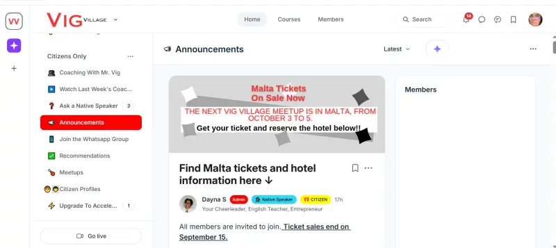 An announcement  from Vig-Village with details about the next meeting (in Malta).