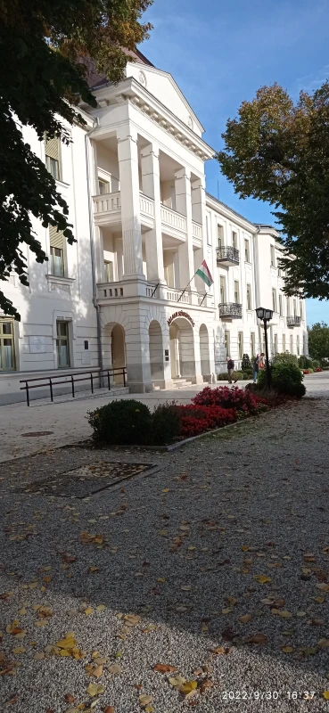 A kórház 3 szintes fehér kastély épülete. Előtte virágsor illetve a képbe belógó fák. 