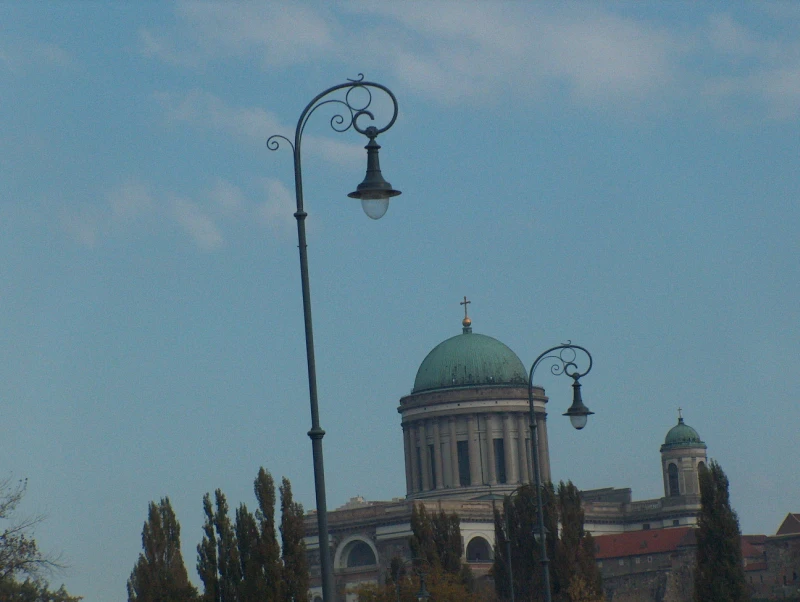 In the distance, one of the Basilica's large domes and one small dome can be seen. Most of the building is obscured by trees or shrouded in darkness. Two candelabras are still visible: one is right in the center of the photo, very close by. The other is in the distance. There are many trees in the photo, which obscure a significant part of the building. 