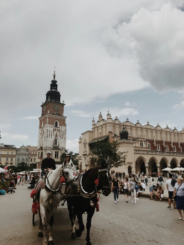 Krakkó egyik díszes terén, szemből fotózva egy barna és fehér lóból álló lovas fogat. A fogatot egy fehér sapkás férfi hajtja. A téren számos ember sétálgat .  