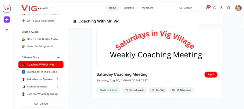 Egy Vig-Village felírat piros betükkel, hogy hetente
Szombaton 16:00-kor Coaching Meeting van