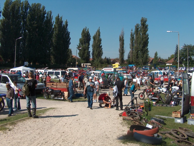 Most of the picture is filled with people and cars at a fair. Huge fir trees can be seen in the background.
