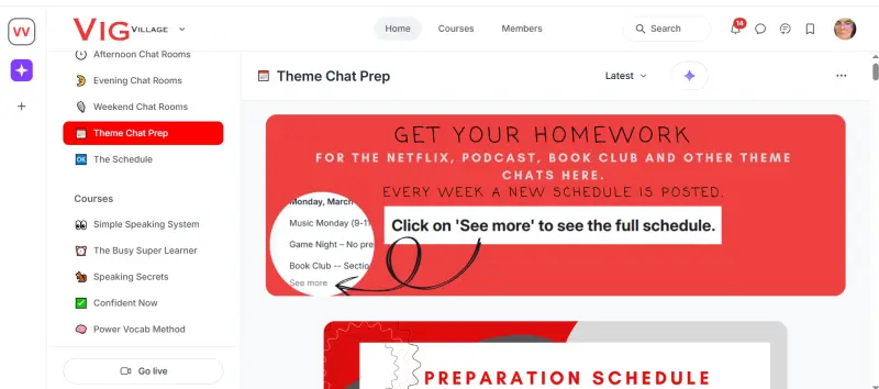 The topic preparation page from the Vig-Village website. Black spiral arrows on a red background point to where the topics can be found. The Vig-Village menu is visible on the left.