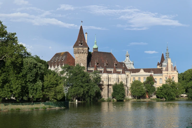 In the foreground is a lake, trees on the left, and the multi-towered castle in the background.