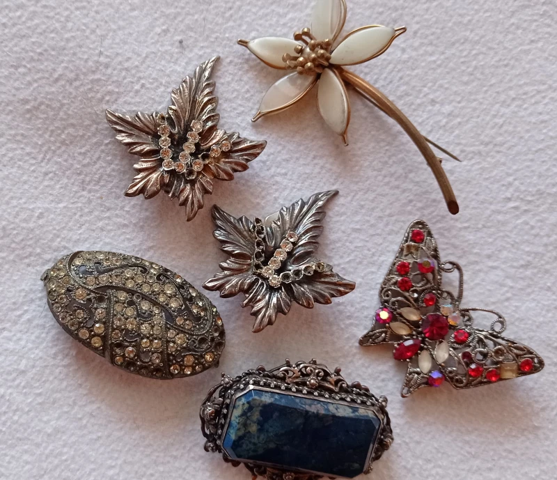 6 pieces of old metal jewelry, a pair of leaf-shaped earrings, 4 brooches: one with a white flower-shaped stem, one shaped like a red-stoned butterfly, one with small oval stones, and one with square blue marble stones surrounded by ornate metal.
