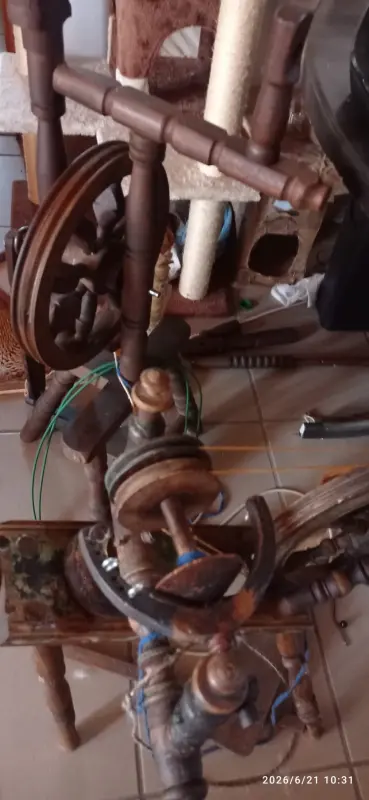 Two old spinning wheels under a round table in the living room